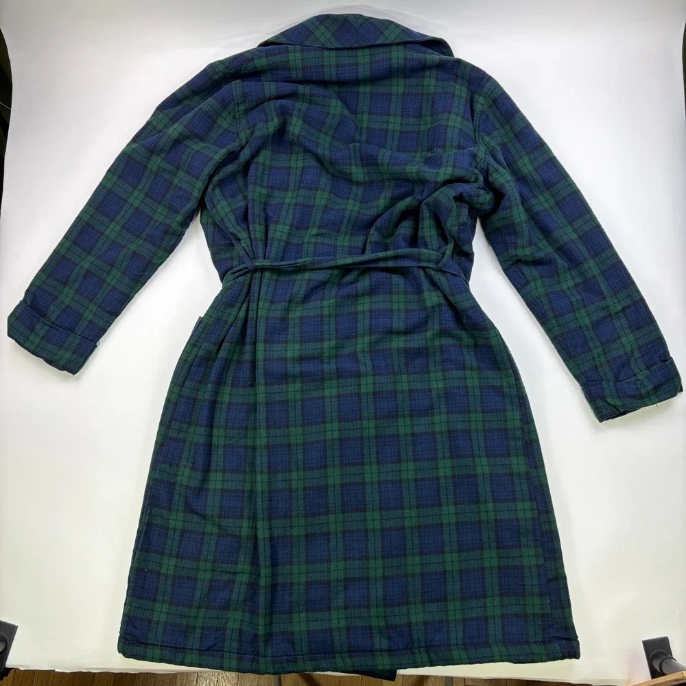 L.L. Bean Scotch Plaid Flannel Robe Mens M Reg Black Watch Sherpa Lined Belted